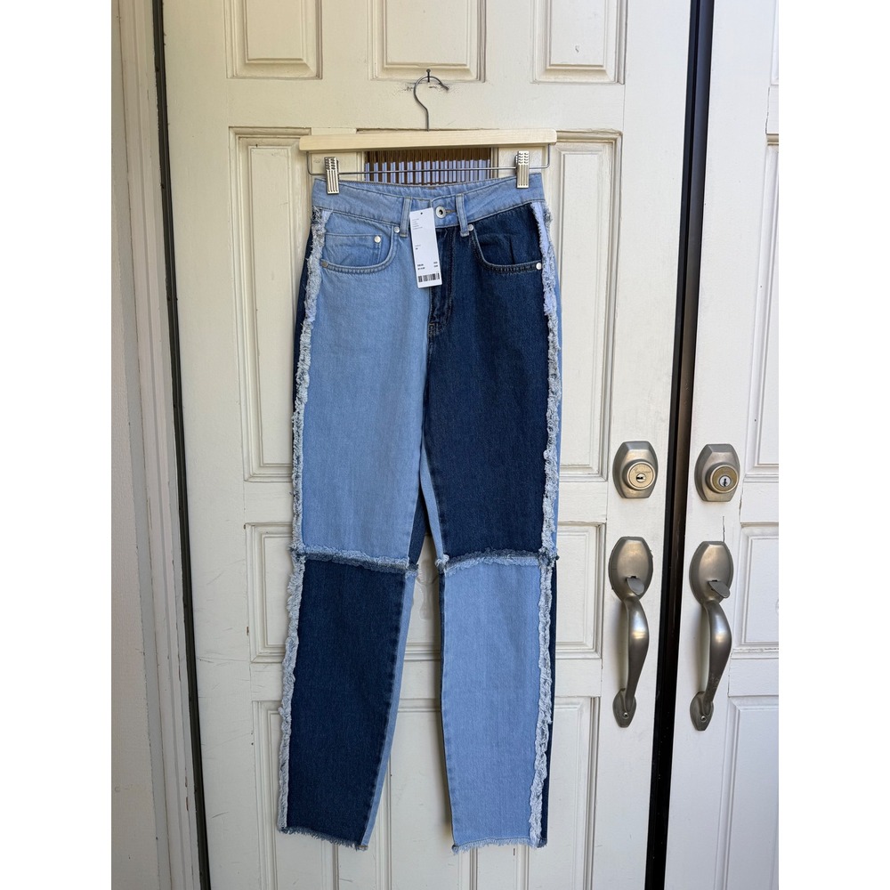 The Ragged Priest Patchwork Jeans Colorblock Frayed Seam Straight Leg Size 24